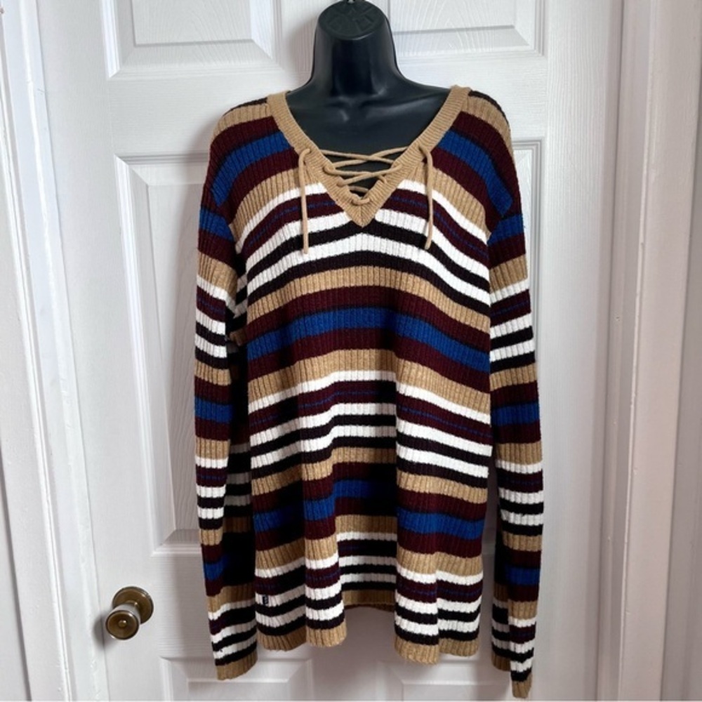 Vintage Saint Germain Des Pres Sweater Knit Pull Stripped V-Neck Tie XL Women